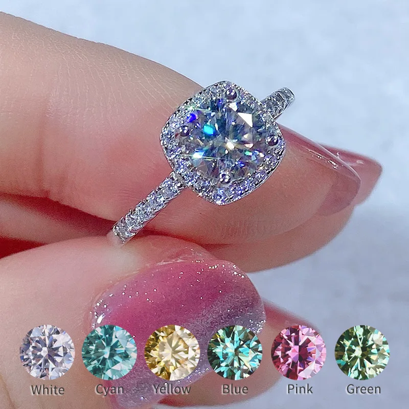 

Color D VVS1 Square Design Moissanite Ring 5-8mm 0.5-2CT For Women Blue Pink Yellow Green S925 Sterling Silver