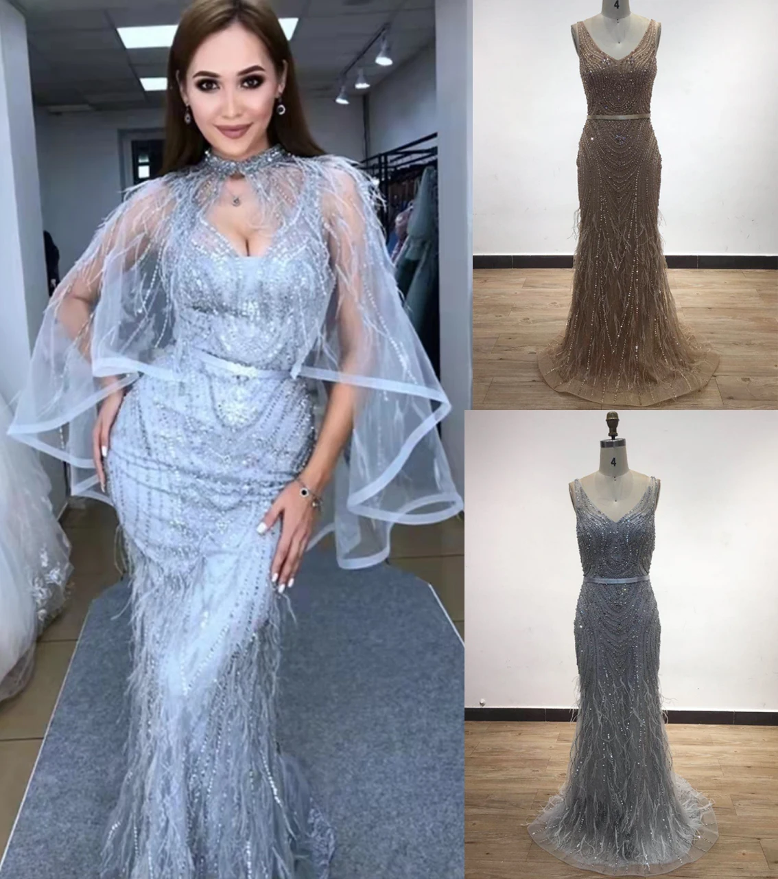 MYMB Couture Beading Luxury Evening Dresses Women Designers 2022 Mermaid Fitted Feather Party Gown With Cape MY31143