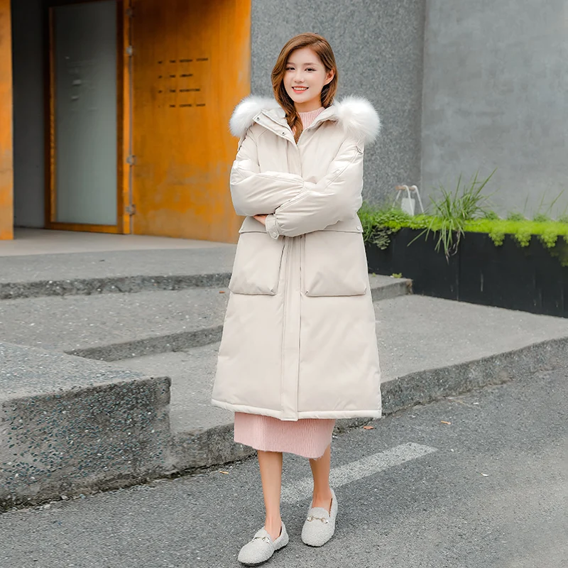 New big fur collar winter jacket thick warm down cotton mid-length outer parka coat women waist large size jacket jacket women