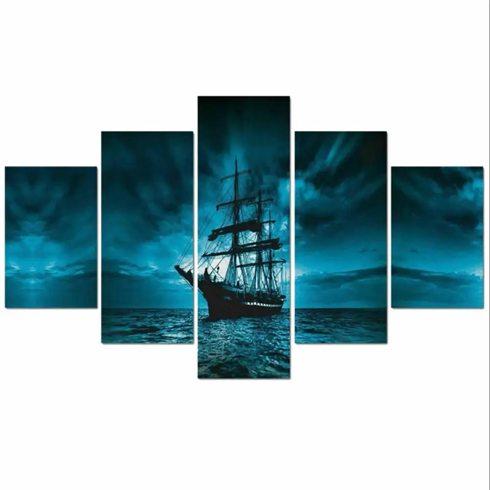 

5 PCS Battleship in Full Moon Blue Night Poster Canvas Wall Art Pictures Prints Set Living Room Decor Canvas Pictures Wall Decor