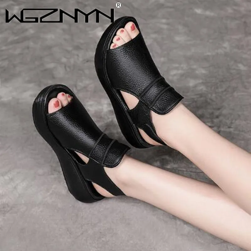 Summer Thick Bottom High Heel Flat Platform Sandals for Women Genuine Leather Fashion Wedges Peep Toe Women Sandals Fashion Shoe