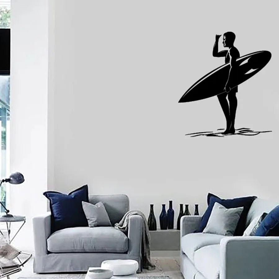 Wall Decal Surfer with Surfboard Beach Sun Ocean Theme Style Bedroom Living Room Home Decor Vinyl Glass Sticker Mural Art M029