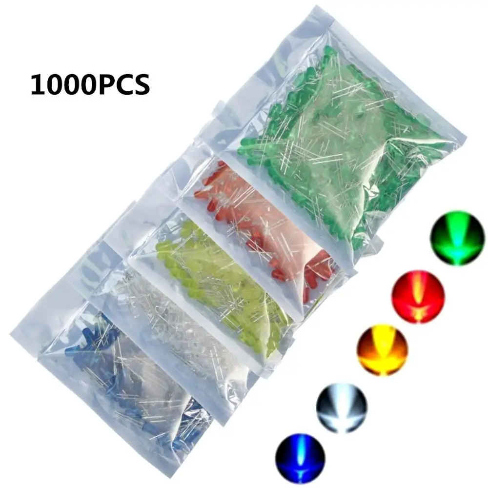 1000Pcs 5mm LED Blue Green Yellow Red White Round LED Diode LED
