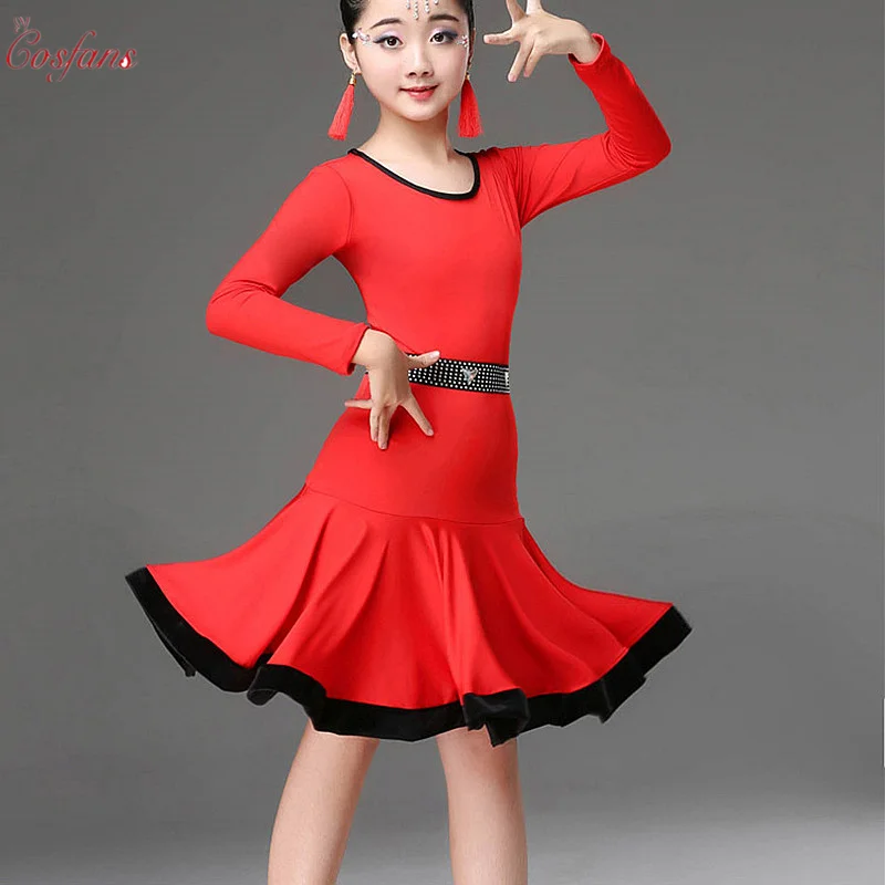 

Girls Latin Dance Dress Long Short Sleeve Practice Dance Latin Skirt Ballroom Performance Clothes Latin Practice Skirt hotsale