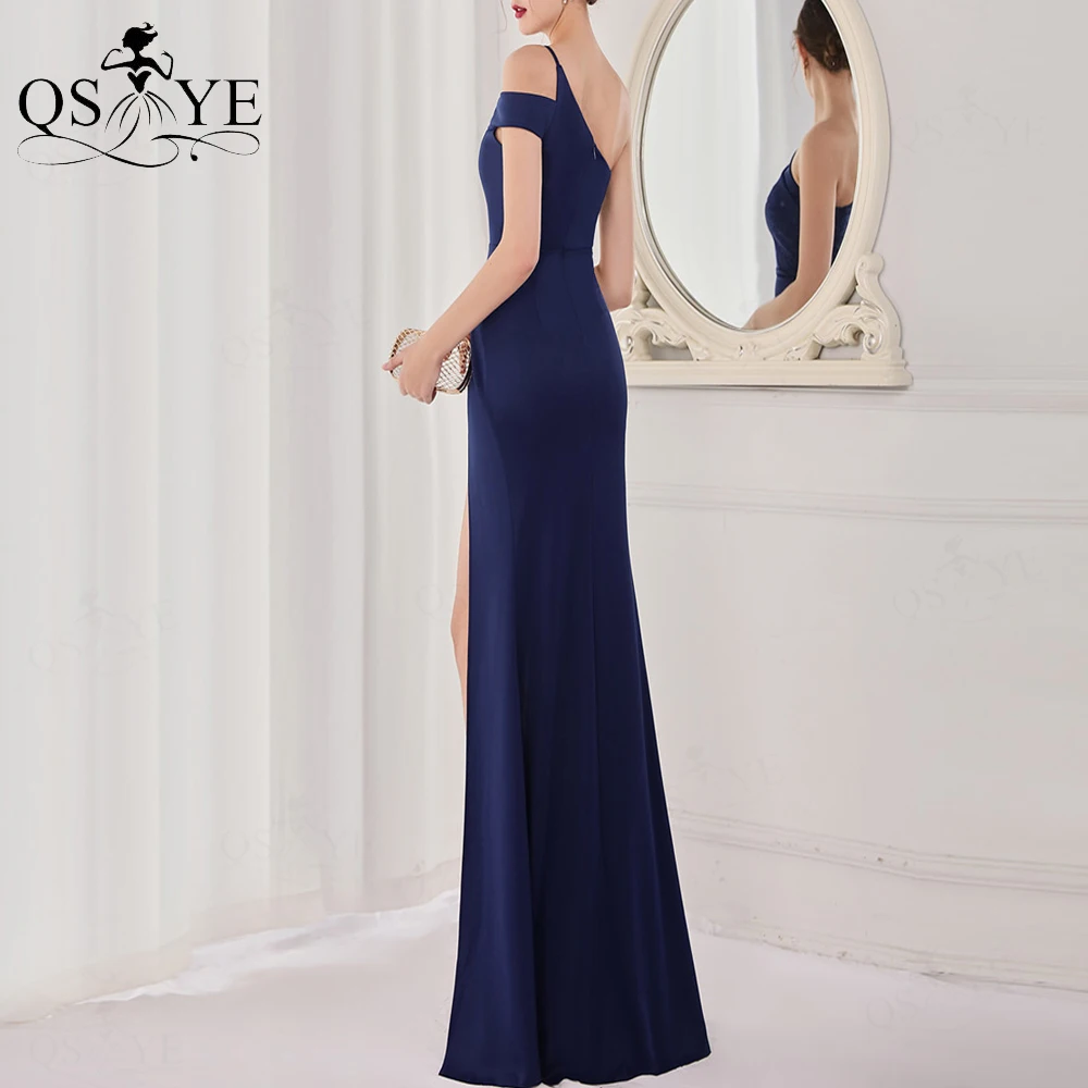 Vestidos de baile de um ombro para mulheres, vestido de cetim elástico dividido, azul escuro, elegante vestido sereia, dama de honra