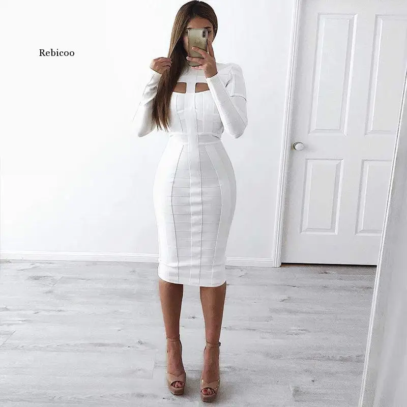 

Women White Bandage Dress Bodycon New Arrivals Sexy Cut Out High Neck Long Sleeve Party Rayon Bandage Midi Dress