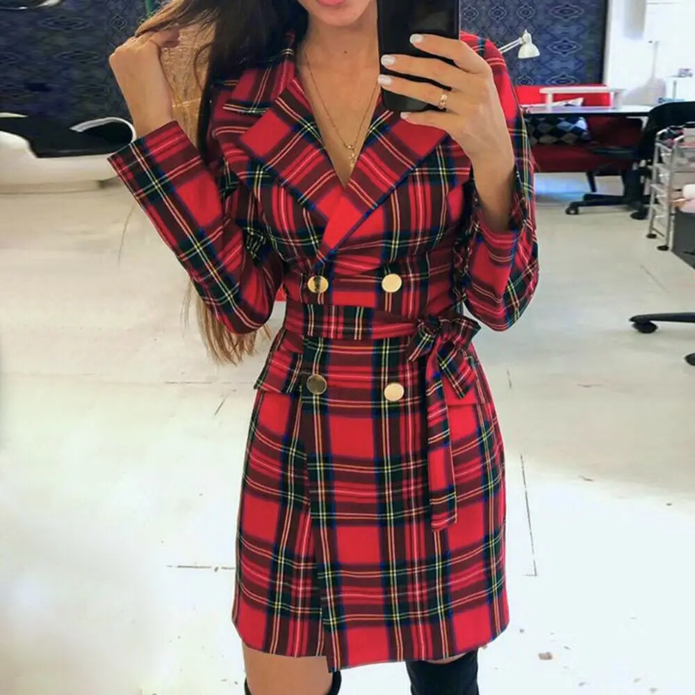 Women\'s Ol Commuter Dress 2024 Spring and Autumn Popular V-Neck Spliced Long Sleeve Lace Up Plaid Suit Coat Dress Middle Skirt