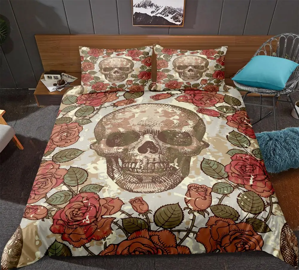 

Retro Skull Duvet cover set Hand-painted Roses Bedclothes quilt cover home textiles Bedding set King size 3-piece