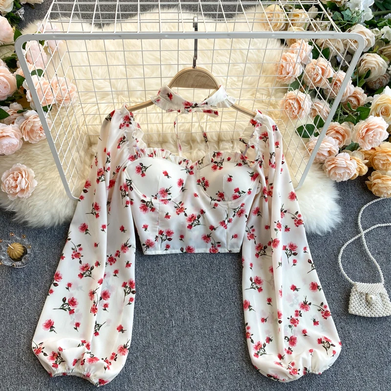 Women 2021 Sexy Floral Print Cropped Blouses Vintage Puff Long Sleeve Zipper Crop Top Ruffle Female Shirts Blusa Chic Tops