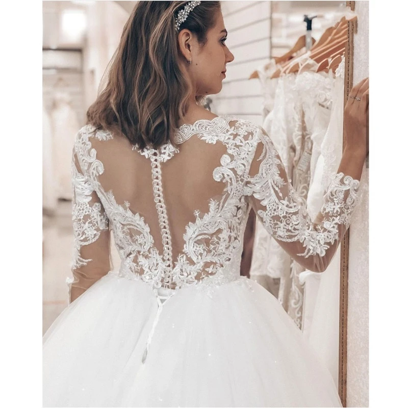 Elegante Prinses Baljurk Trouwjurken Lange Mouwen Kant Applicaties Charmante Sheer Terug Bridal Party Jurk Robe De Mariee