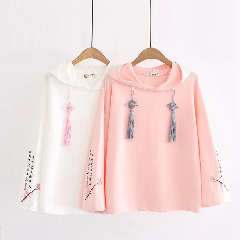 Women Floral Embroidery Hooded Sweatshirts Chinese Style Letter Tassel Cotton Hoodies 2024 Spring Long Sleeve Pullovers Tops