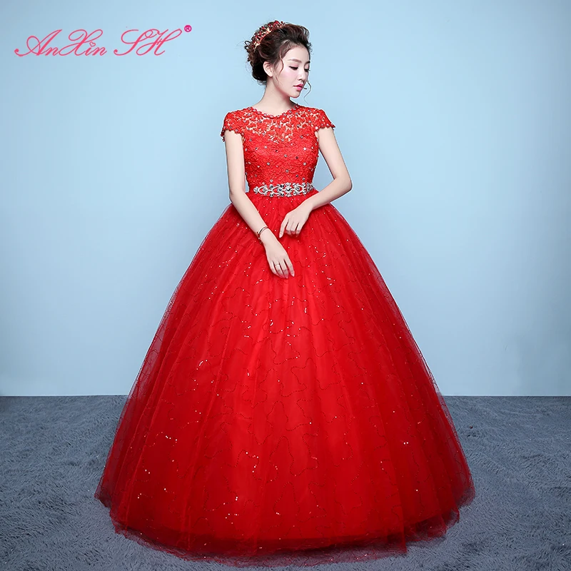 AnXin SH princess red flower lace vintage turkey o neck illusion sashes beading crystal ball gown customized wedding dress