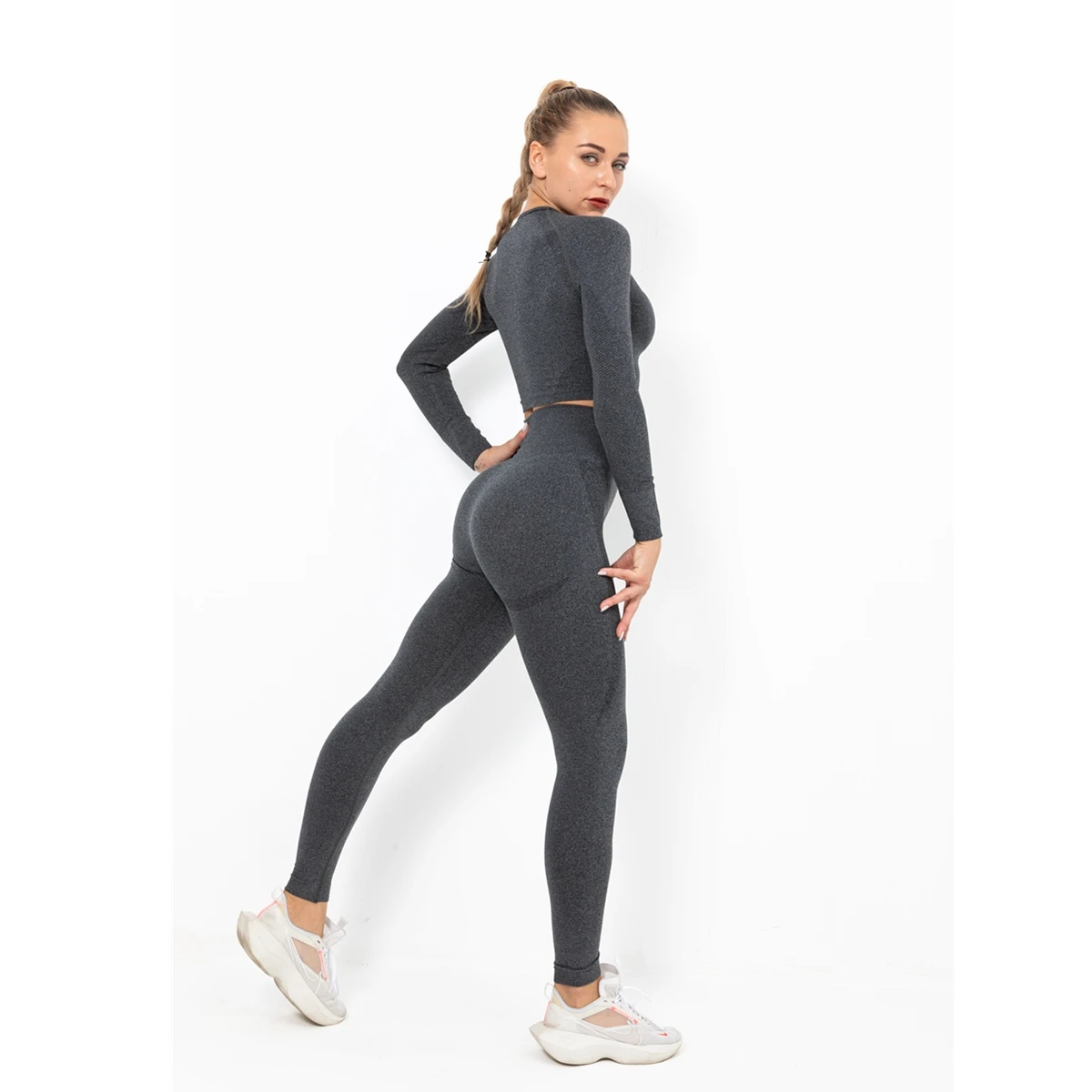 

Seamless Women 2 Piece Sport Set Gym Clothing Fitness Leggings+Cropped Shirts Sport Suit Long Sleeve Tracksuit Sportswear