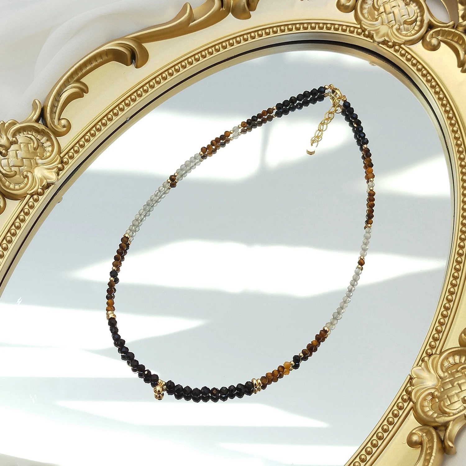 

Lii Ji 3-4mm/6mm Natural Stone Black Tourmaline Labradorite Tiger Eye's 14K Gold Filled Handmade Necklace