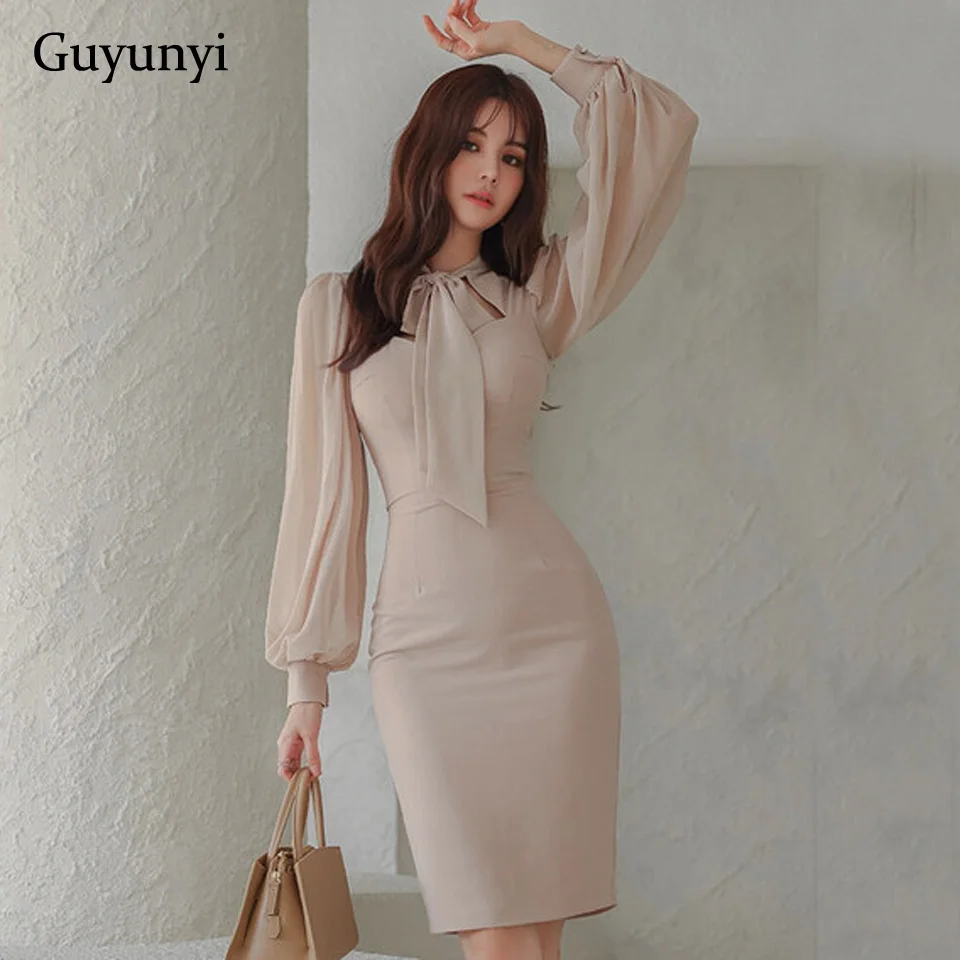 Professional Temperament Office Lady Dress 2024 Spring Simple Chiffon Puff Sleeves Bow Neck High Waist Tight Elegant Party Dress