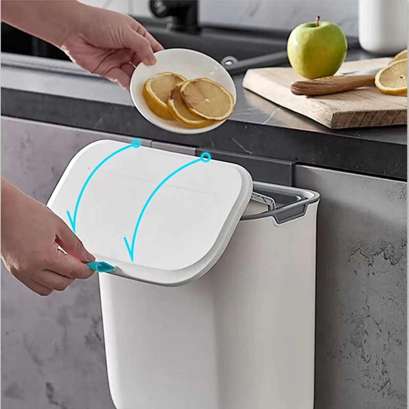 Cubo de basura montado en la pared con tapa para puerta de armario de cocina, cesta de papel colgante creativa para baño, inodoro, sala de estar, 7L/9L