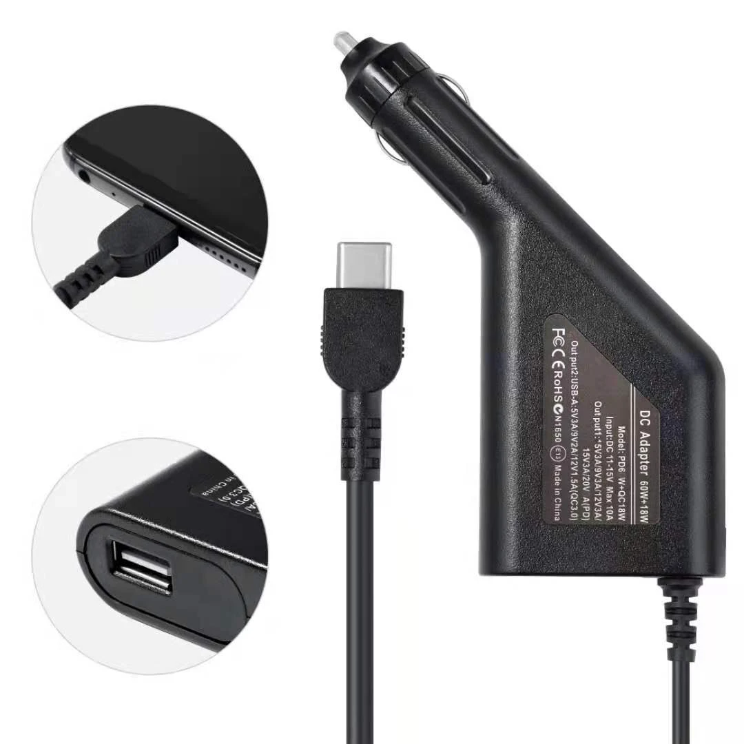 Adattatore di alimentazione per caricabatterie per auto USB tipo C da 65W per Macbook Lenovo Asus Laptop 20V 3.25A adattatore per auto USB C ricarica rapida 3.0 per telefono