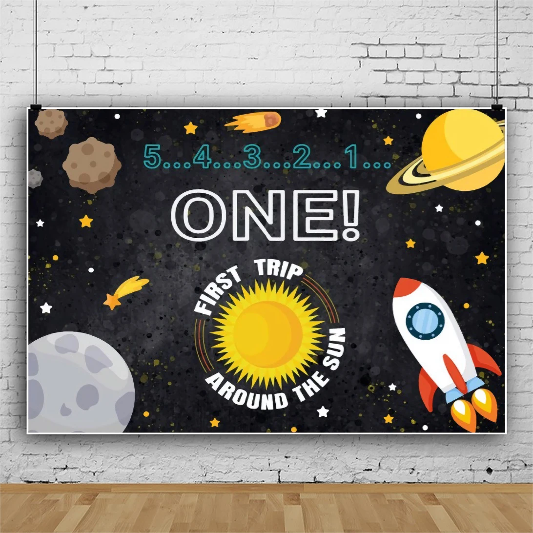 Laeacco Child One Birthday Party Background For Photography Universe Cartoon Spaceship Baby Portrait Customized Photo Backdrops