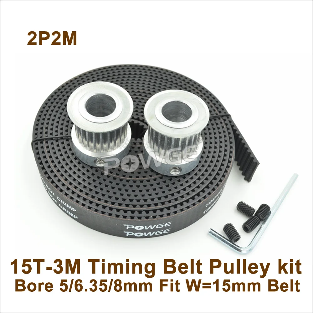 

POWGE 2pcs 15 Teeth 3M Timing Pulley Bore5/6.35/8mm + 2meters W=15mm 3M Rubber Synchronous Open Belt 15T 15Teeth HTD3M Pulley