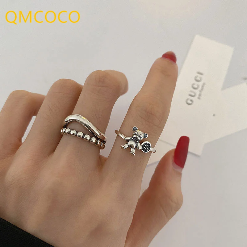 QMCOCO Silver Color Bear Rings 2021 New Fashion Creative Hollow Out Wave Double-Deck Geometric Vintage Punk Party Jewelry Gifts