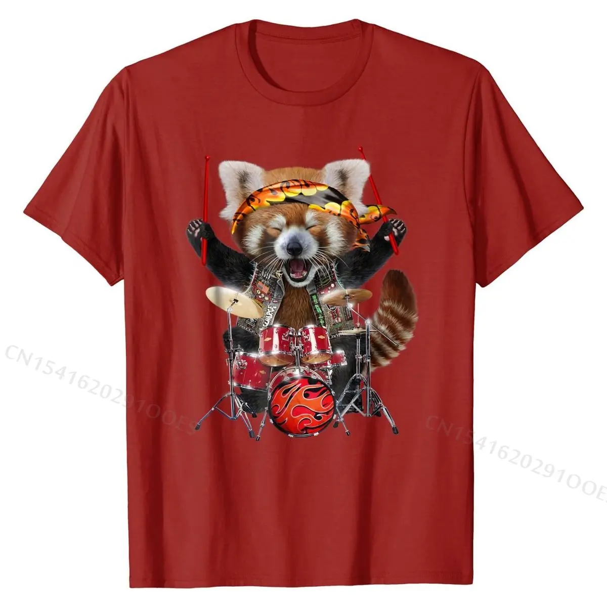 Punk Red Panda Play Drum in Heavy Metal Band - T-Shirt Europe Top T-shirts for Men Cotton Tops & Tees Personalized Classic