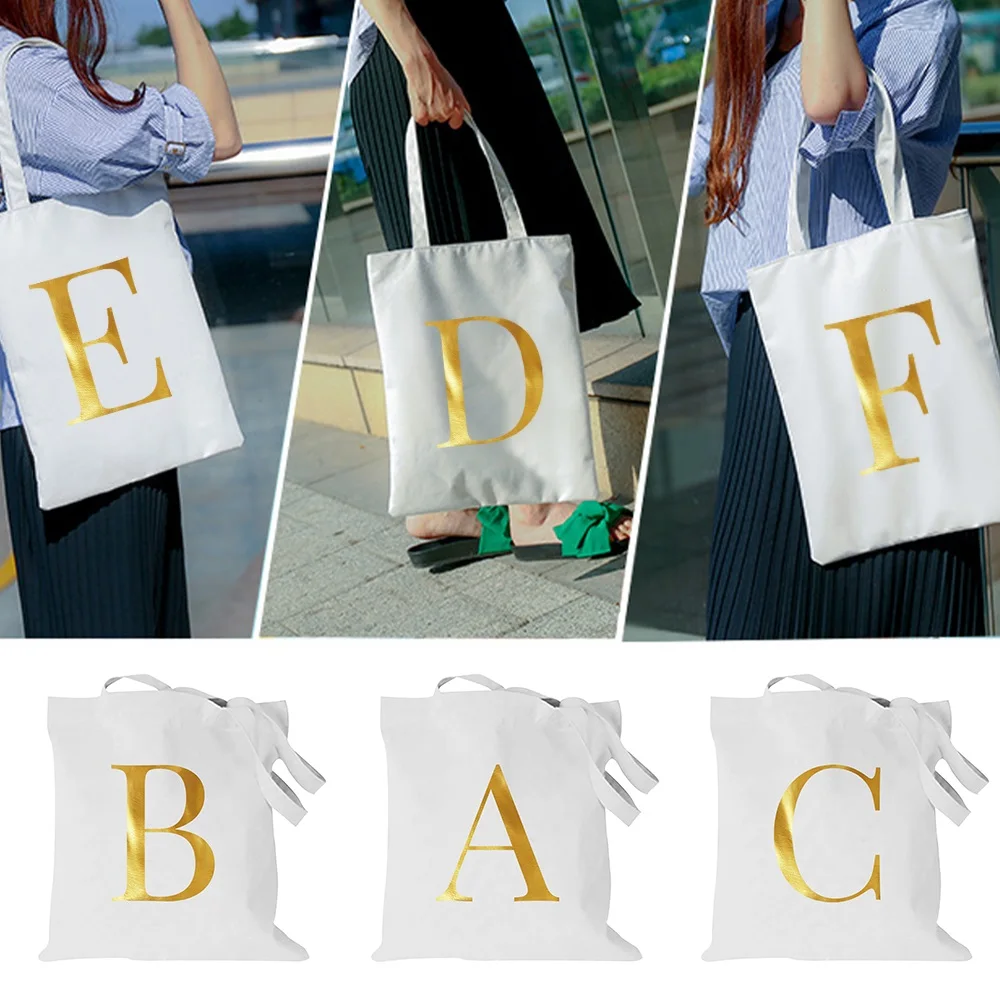 Women Shopping Bags Grocery Reusable Handbags Large-capacity Tote Bag Travel Gold Letter Print Pattern Canvas Shoulder Bags