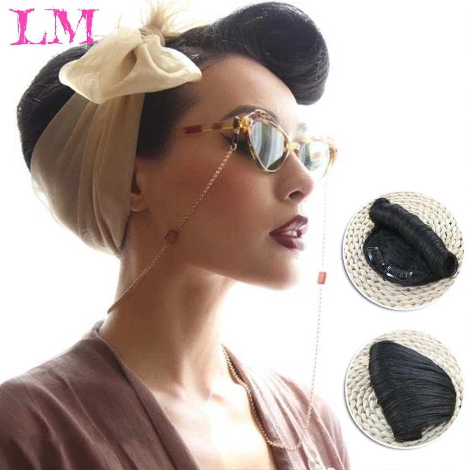 LM 인조 앞머리 클립 인 헤어 익스텐션, 합성 가짜 프린지, 자연스러운 가짜 헤어피스, 클립 인 앞머리, 레트로 곱슬 뱅