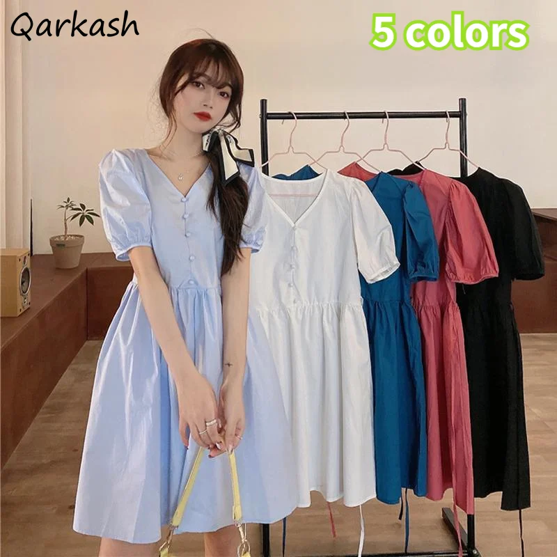 

Solid Dresses Women V-Neck Short Puff Sleeve Above Knee Leisure Baggy All-match Summer Student Sweet New Feminino Vestidos