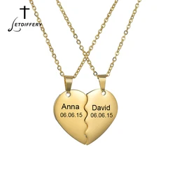 Letdiffery Custom Heart Names Necklace For Couple 1 Pair Stainless Steel Engrave Name Date Pendant Women Men Personlized Jewelry