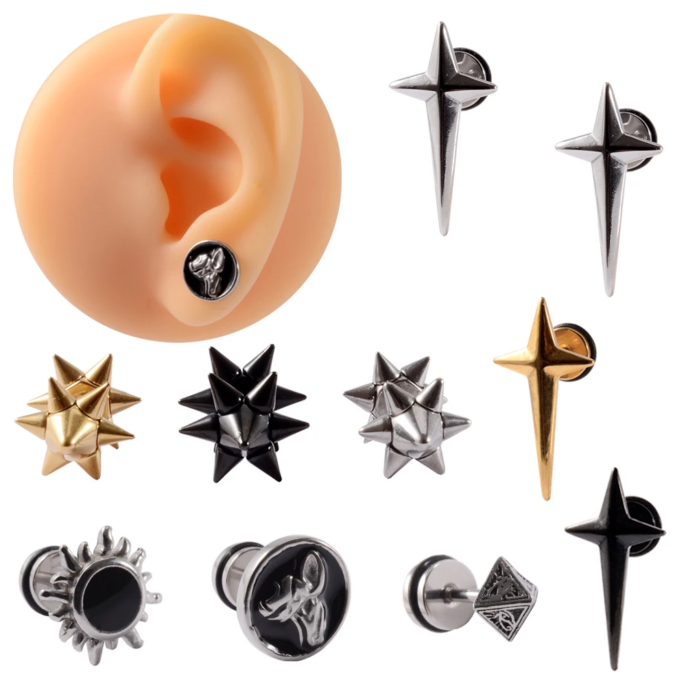 PAIR Stainless Steel Punk Ear Studs Cone Tragus Cartilage Piercing Lobe Earring Flower Studs Helix Cartilage Piercing Jewelry