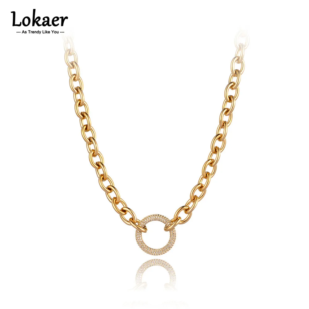 Lokaer Titanium Stainless Steel Crystal Circle Charm Pendant Necklaces Hiphop/Rock Link Chain Jewelry For Women Men N21194