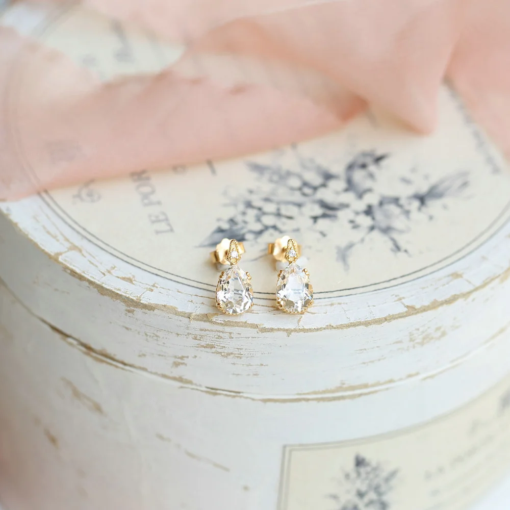 LAMON Vintage 925 Silver Stud Earring For Women Water Drop Natural Clear Crystal 14K Light Gold Plated Fine Jewelry LMEI155