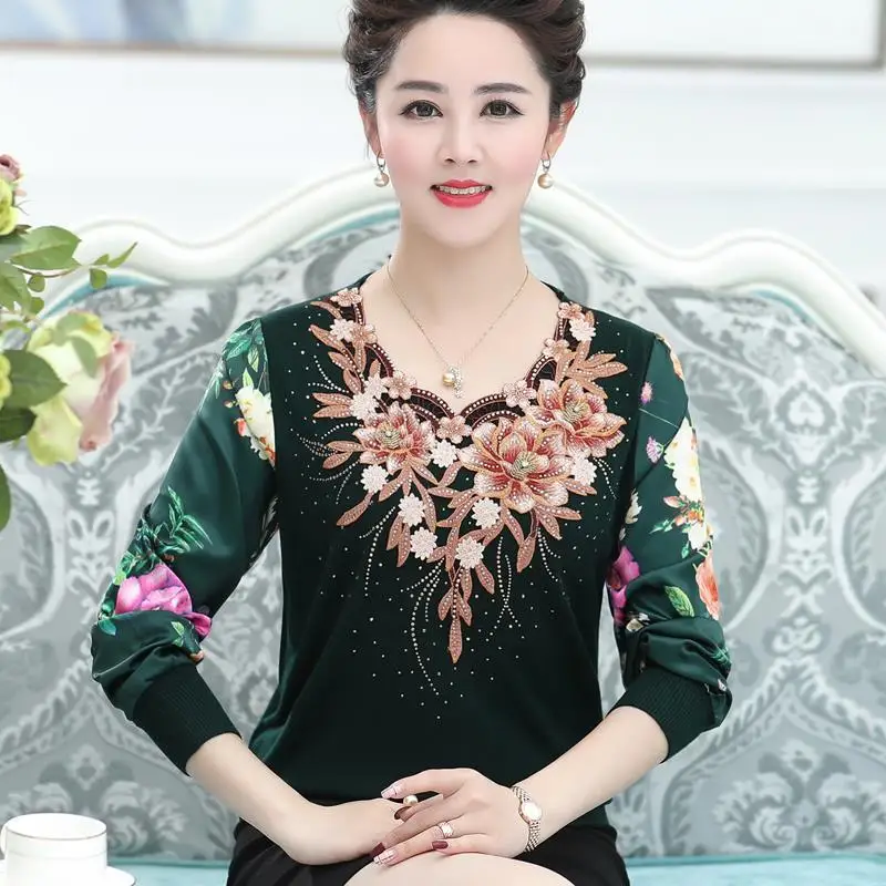 Middle-aged Elderly Women\'s Spring Thin Knitted Tops High Quality Embroidery Pullover Splicing Chiffon Sleeve Mother Jumper 5XL