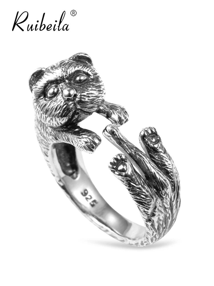 Ruibeila925 argent personnalité vieux mignon animal chien anneau ouvert hommes et femmes couple bague de taille réglable