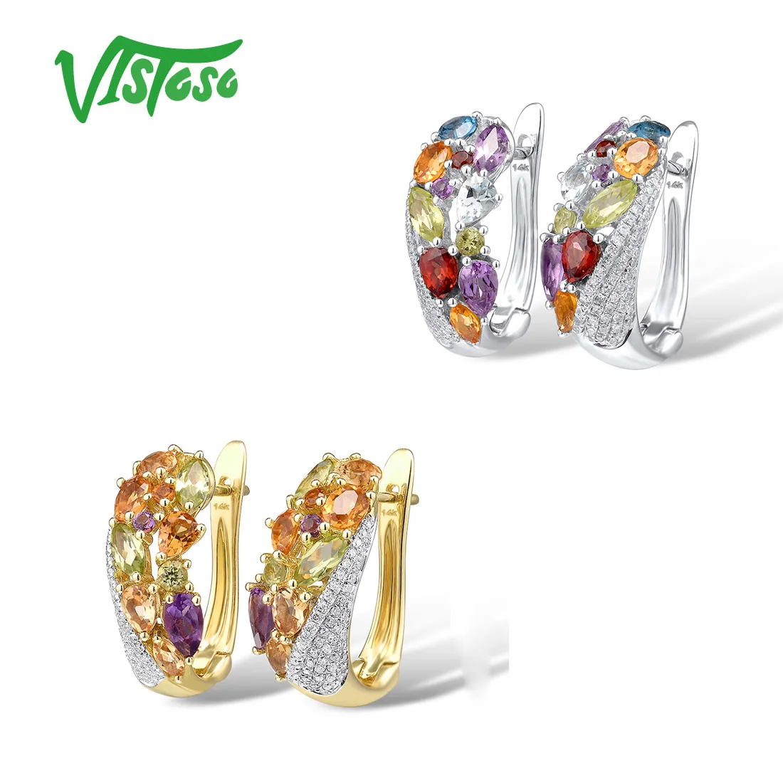 VISTOSO Genuine 14K 585 Yellow Gold Sparkling Diamond Fancy Citrine Amethyst Peridot Blue Topaz  Garnet Anniversary Fine Jewelry