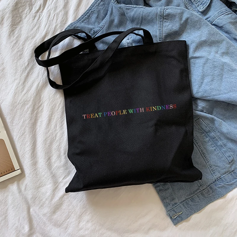 Women Bag Fashion Canvas Treat people with kindness letter Casual Big Capacity Harajuku WomenNew Fun Vintage Shoulder Bag