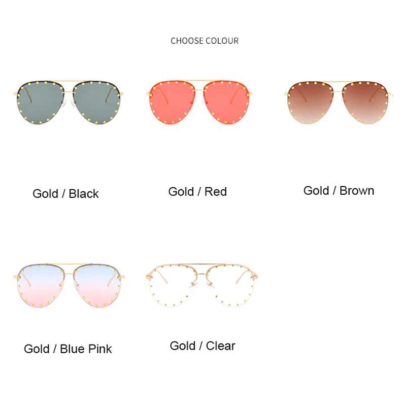 2022 Fashion Rimless Pilot Sunglasses Women Vintage Luxury Brand Design Diamond Cutting Lens Rivet Sun Glasses For Female UV400