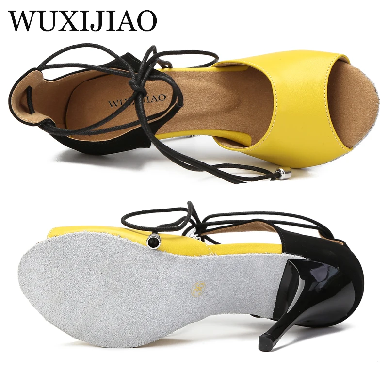 WUXIJIAO dance shoes Latin women's salsa silk satin shoes professional dance shoes ballroom black paint heel soft sole