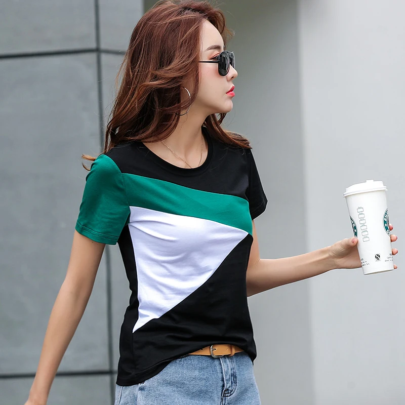 Patchwork Bamboo Cotton Women Summer T-Shirts 2023 New Loose O-Neck Soft Green Blue Tshirt Feminine Rainbow Colors Splicing Tops