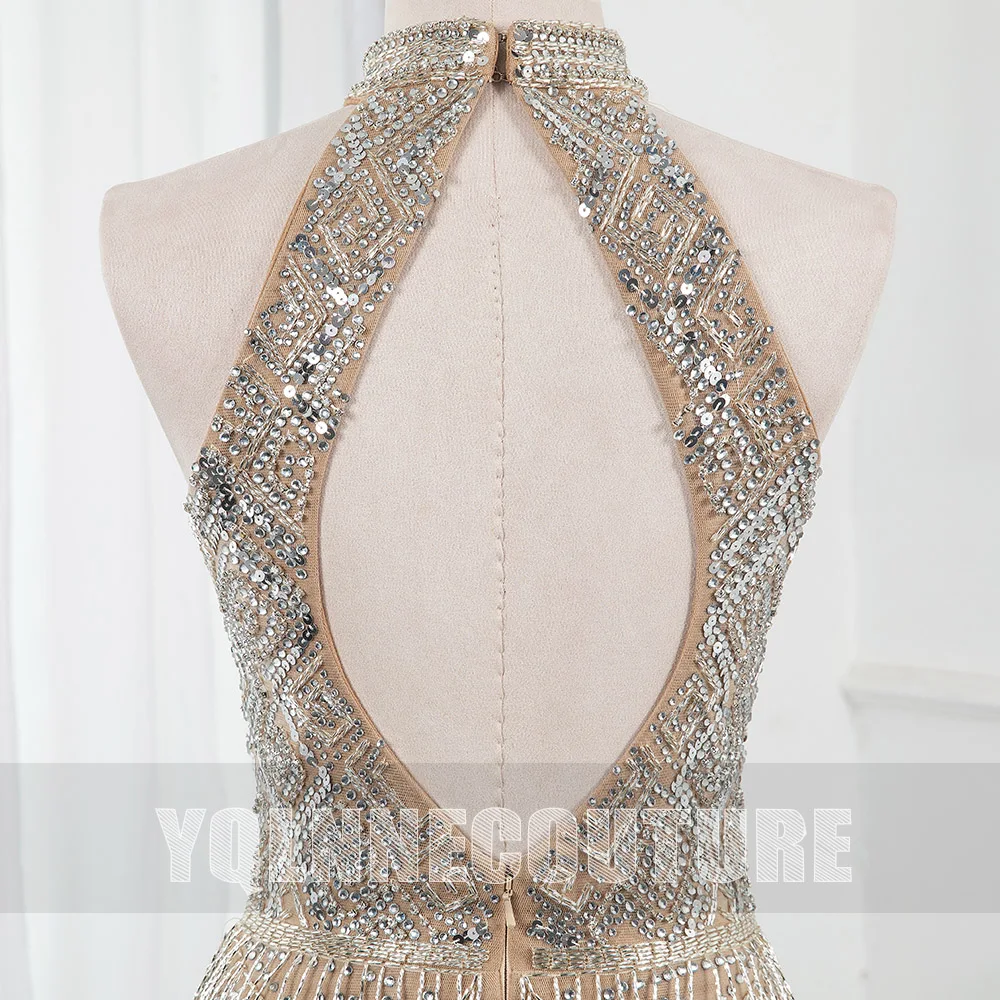 Em estoque de luxo dubai diamantes vestidos de noite halter longo beading sem encosto reto vestido de noite sexy fenda vestido de festa yqlnne