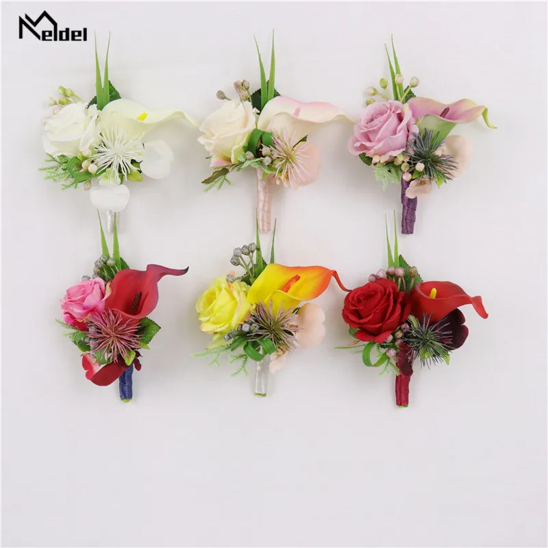 Meldel Zijde Rose Calla Bruiloft Corsages En Bruidegom Boutonnières Bruidsmeisjes Pols Armbanden Huwelijk Party Prom Mannen Pak Bloemen