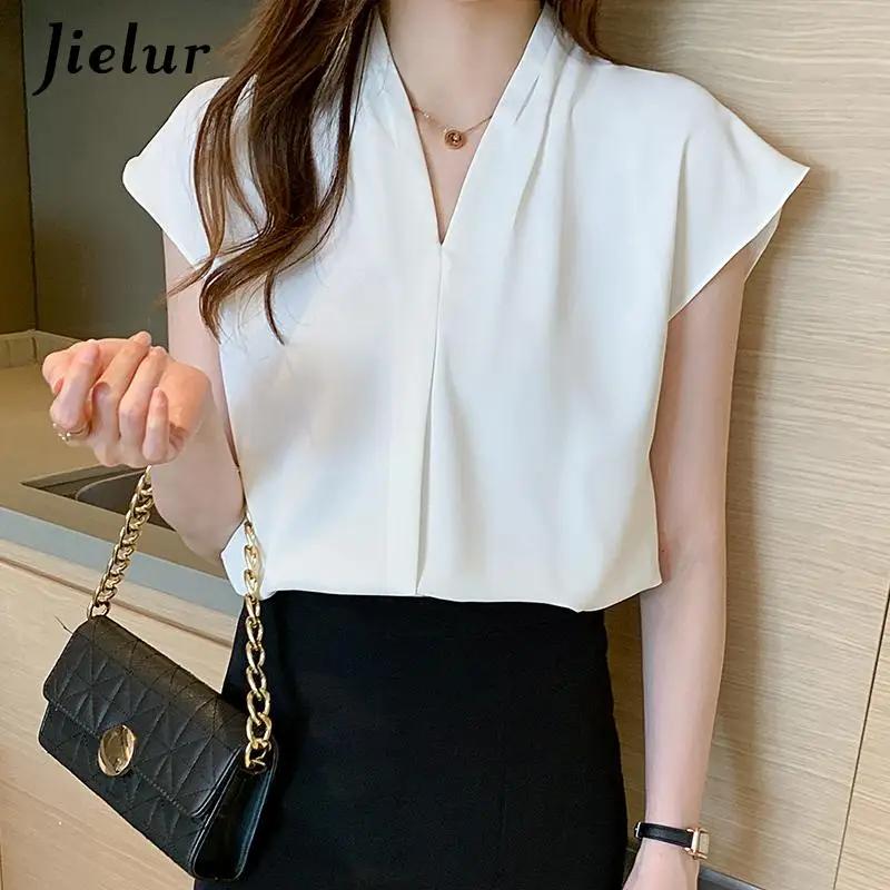 Jielur Black White Blouses Female V-Neck Summer Satin Women\'s Blouse Office Lady Sexy Casual Short Sleeve Shirt Blusa Feminina