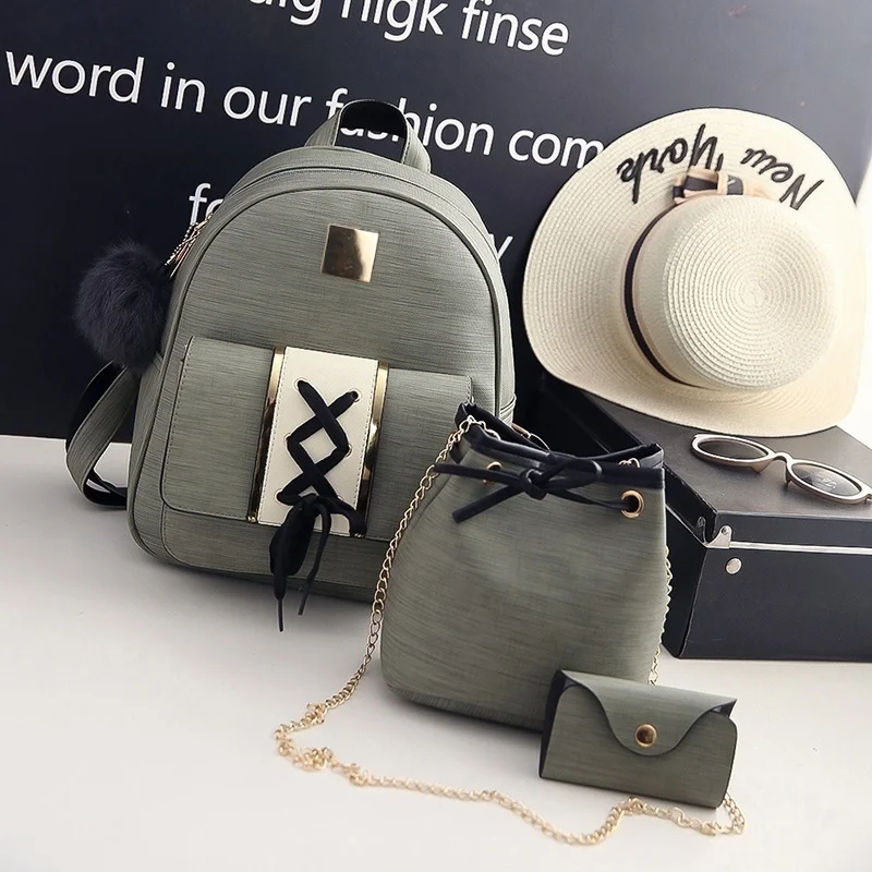 3Pcs/Set Women Backpack Set pu leather female casual backpack +bucket bag+purse backpack bags for teenagers girls crossbody 50