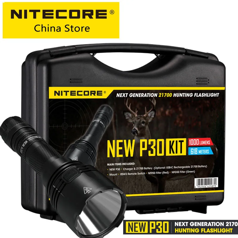 

Original Nitecore New P30 HUNTING KIT Outdoor Tactical Flashlight LED Torch Light + NL2140 4000mAh 21700 Battery UI2 USB Charger