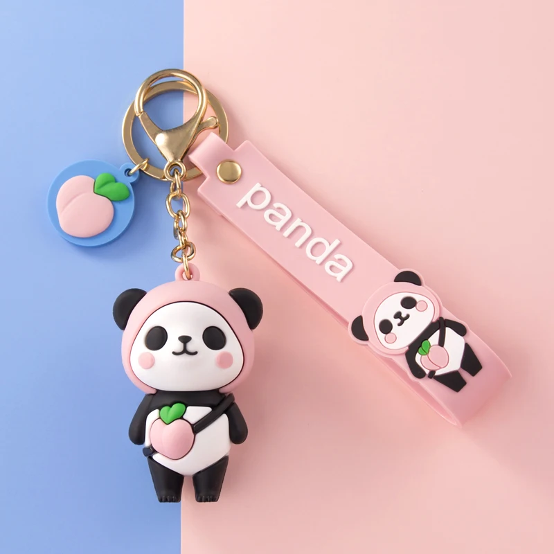 Cartoon Fruit Panda Keychain Blue Yellow Red Pink Soft PVC Doll Lover Car Keyring Cute Female Bag Ornaments Girl Boy Toy Lanyard