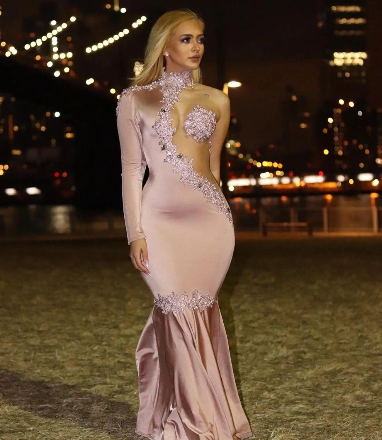 Sexy Dubai Arabisch Blush Mermaid Avondjurk 2020 Hoge Hals Illusion Kralen Lange Formele Prom Party Gown Vestidos De Noiva