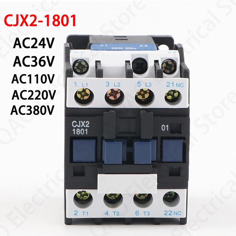 

CJX2-1801 LC1 AC Contactor 18A 3 Phase 3-Pole NC Coil Voltage 380V 220V 110V 36V 24V 50/60Hz Din Rail Mounted 3P+1NC