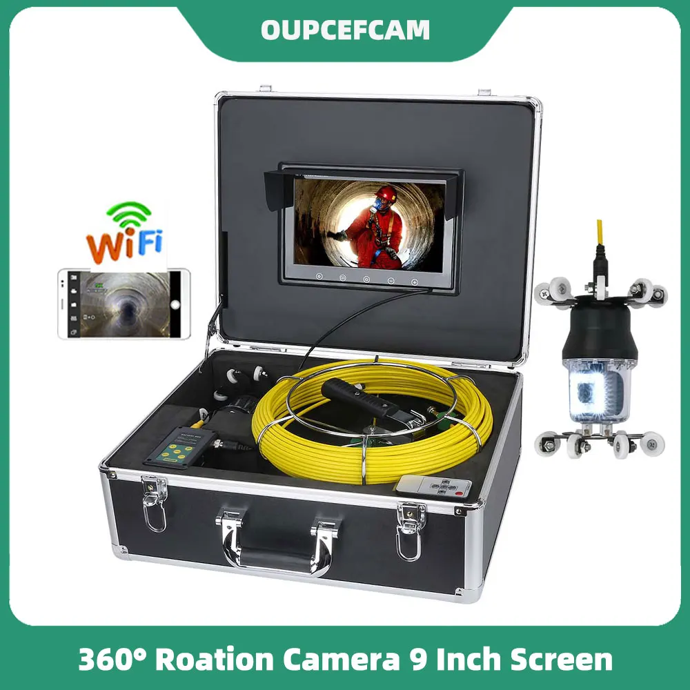 

Drain Sewer Pipeline Industrial Endoscope 9 Inch Screen 360° Roation Camera 38 PCS LEDs WIFI Hotspot DVR Recording φ5mm Cable