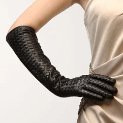 Women's Gloves Hand Woven Fashion Black Long Leather Gloves Real Leather Sheepskin Gloves Dance Party L108NN-1