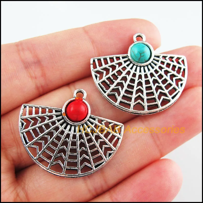 6Pcs Retro Tibetan Silver Tone Sector Fan Blue&Red Stone Charms Pendants 26x30mm